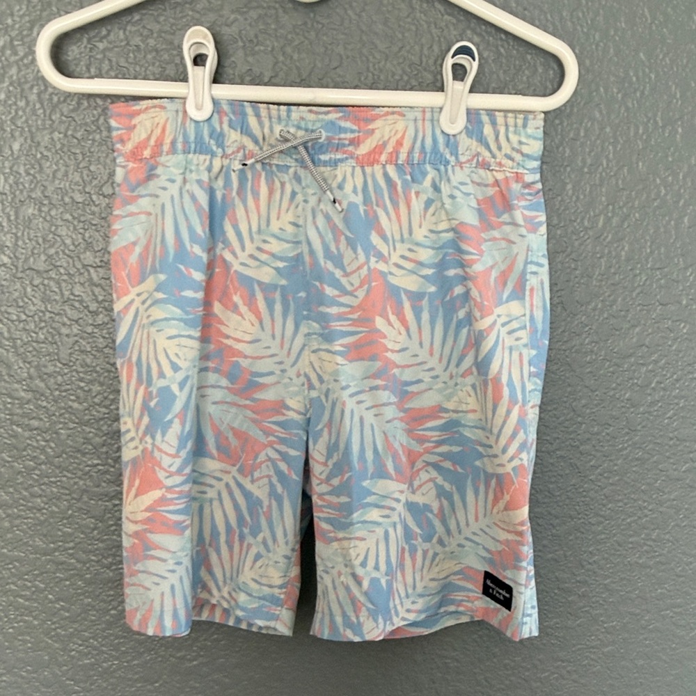 Abercrombie & Fitch Kids Palm Print Swim Trunks in Light Blue, Pink, Cream